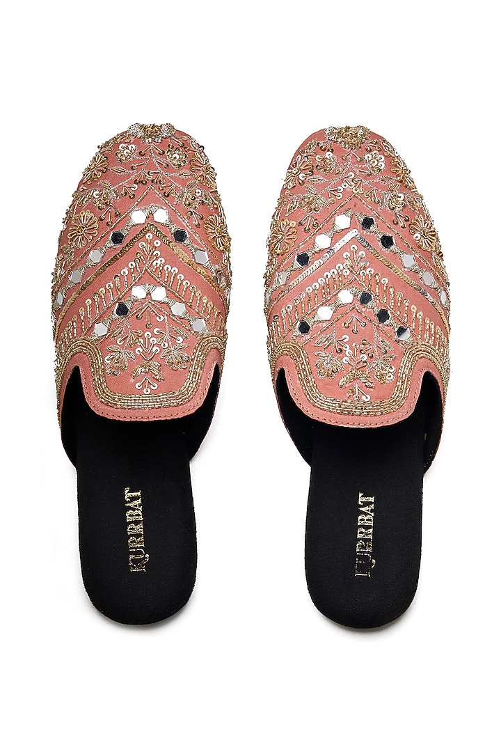 Nude Pink Vegan Leather Embroidered Mules by Kurrbat at Pernia's Pop Up Shop
