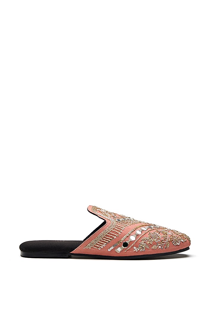 Nude Pink Vegan Leather Embroidered Mules by Kurrbat at Pernia's Pop Up Shop