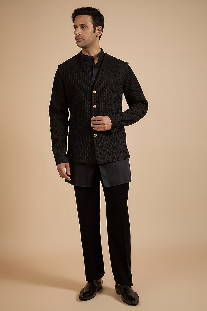 Black Suiting Thread Work Waistcoat With Kurta by Kunal Rawal
