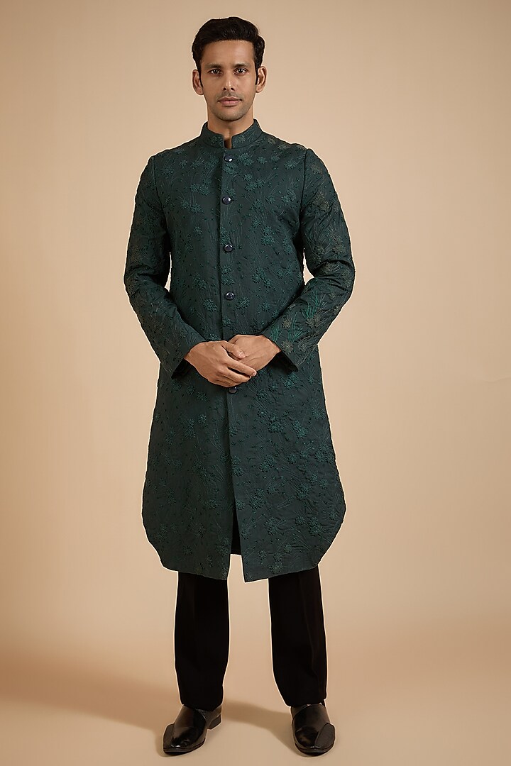 Teal Suiting Thread Embroidered Sherwani by Kunal Rawal