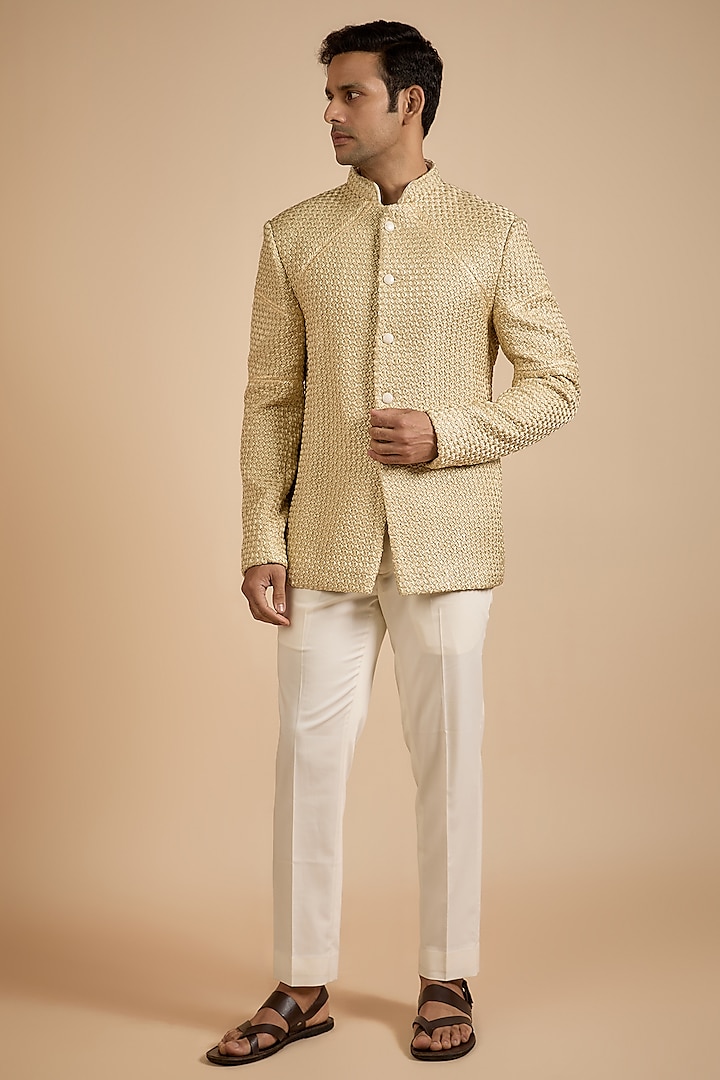 Champagne Linen Satin Thread Work Bandhgala Jacket by Kunal Rawal