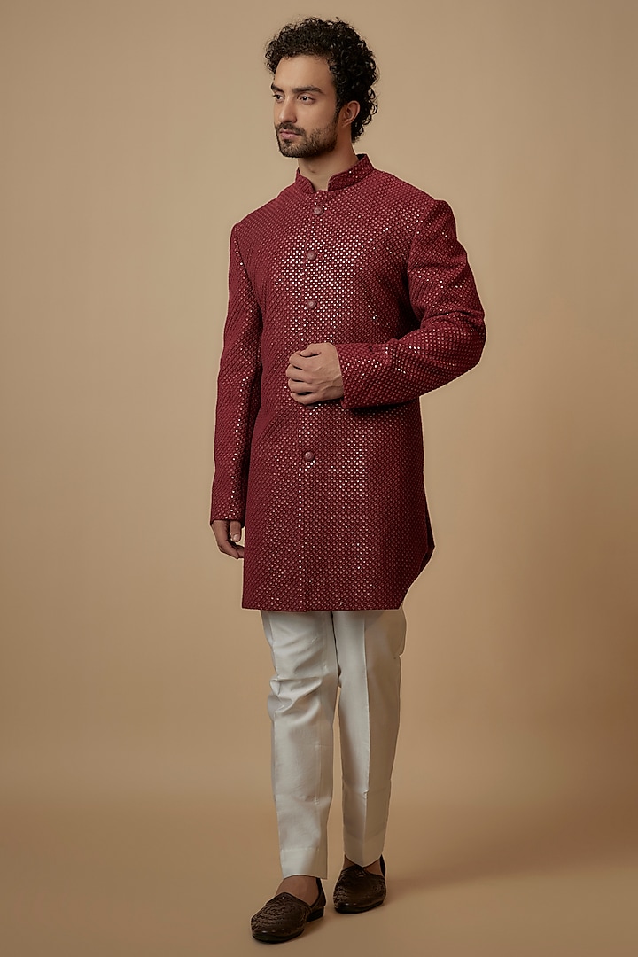 Red Blended Silk Thread Embroidered Sherwani by Kunal Rawal