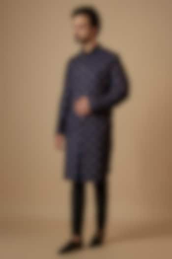 Navy Blue Suiting French Knot Embroidered Sherwani by Kunal Rawal