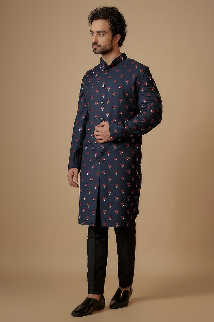 Navy Blue Suiting French Knot Embroidered Sherwani by Kunal Rawal