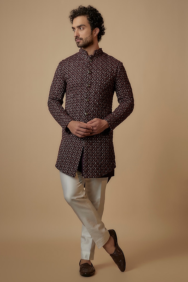 Wine Suiting Thread Embroidered Sherwani by Kunal Rawal