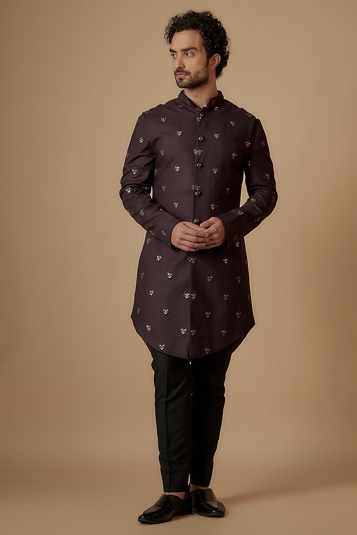 Wine Suiting Thread Embroidered Sherwani by Kunal Rawal