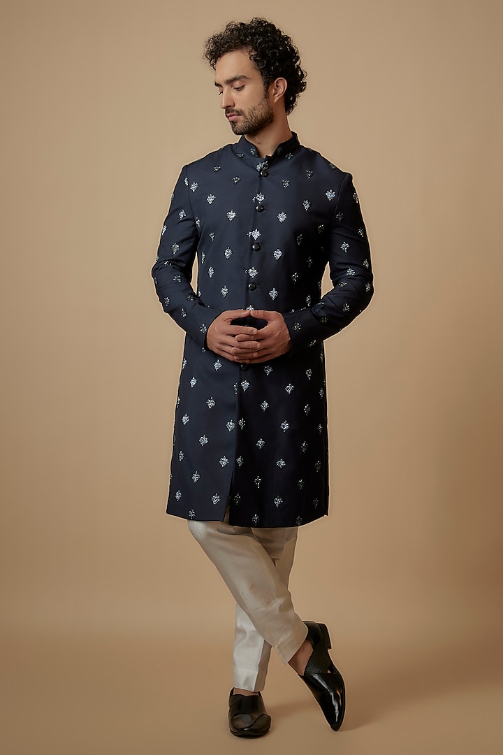 Navy Blue Suiting Thread Embroidered Sherwani by Kunal Rawal