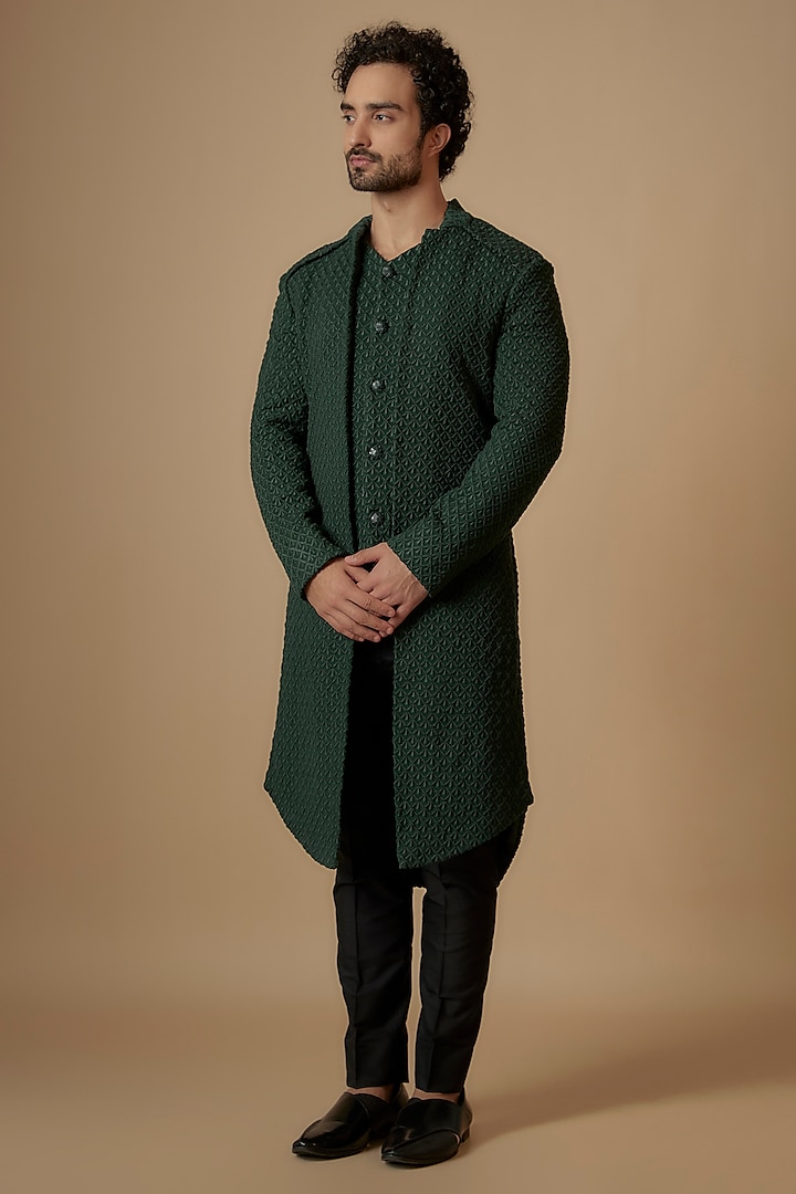 Forest Green Suiting Thread Embroidered Sherwani by Kunal Rawal