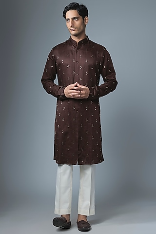 Dark Wine Cotton Silk Kurta Set by Kunal Rawal