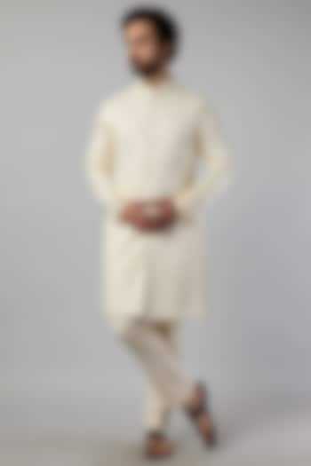 Ivory Linen Satin Embroidered Indowestern by Kunal Rawal