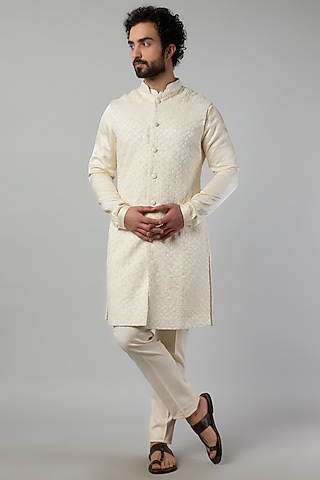 Ivory Linen Satin Embroidered Indowestern by Kunal Rawal