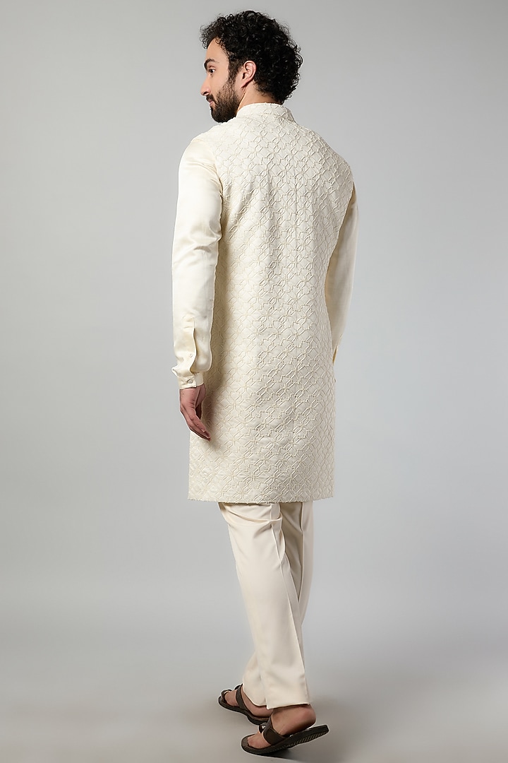 Ivory Linen Satin Embroidered Indowestern by Kunal Rawal at Pernia's Pop Up Shop