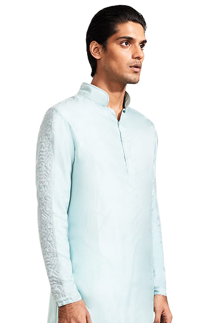 Ice Blue Viscose Embroidered Kurta by Kunal Rawal at Pernia's Pop Up Shop
