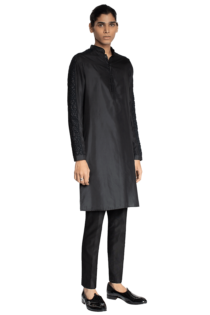 Black Linen Satin Kurta by Kunal Rawal