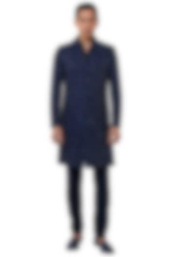 Navy Blue Suiting Embroidered Sherwani Set by Kunal Rawal