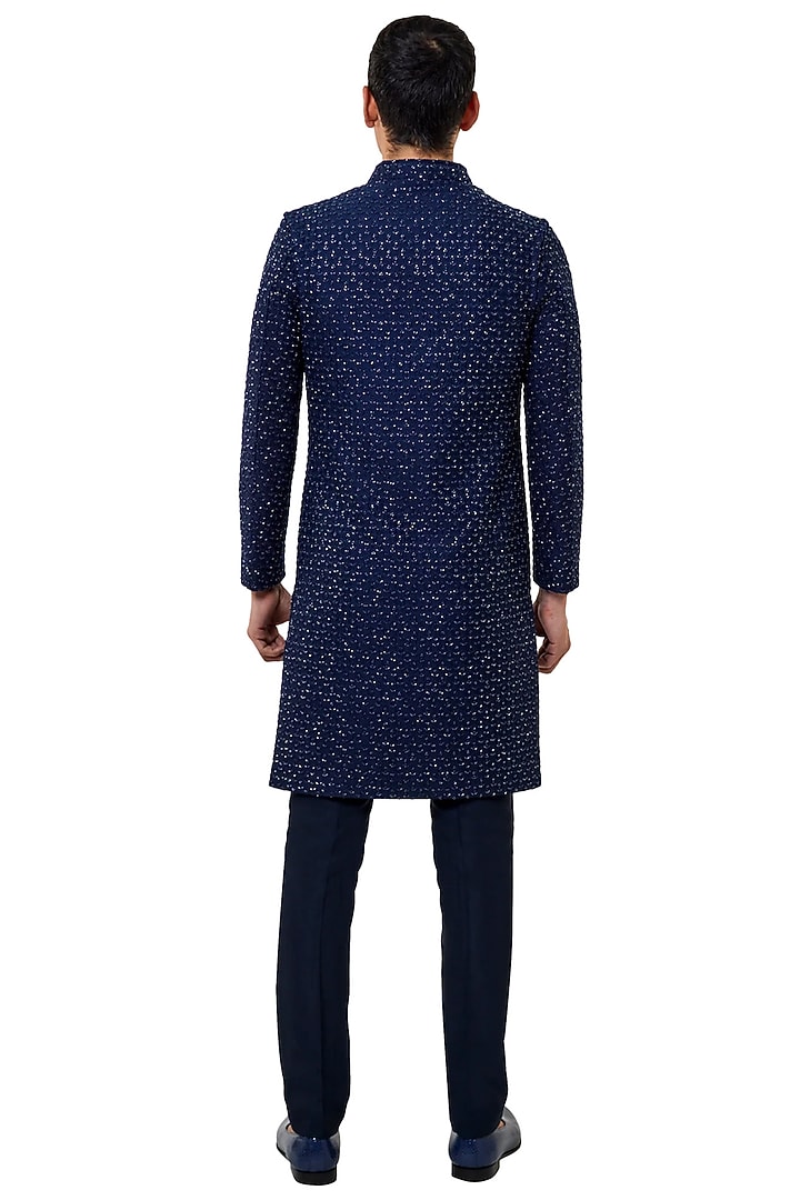 Navy Blue Suiting Cutdana Embroidered Groom Sherwani Set by Kunal Rawal at Pernia's Pop Up Shop