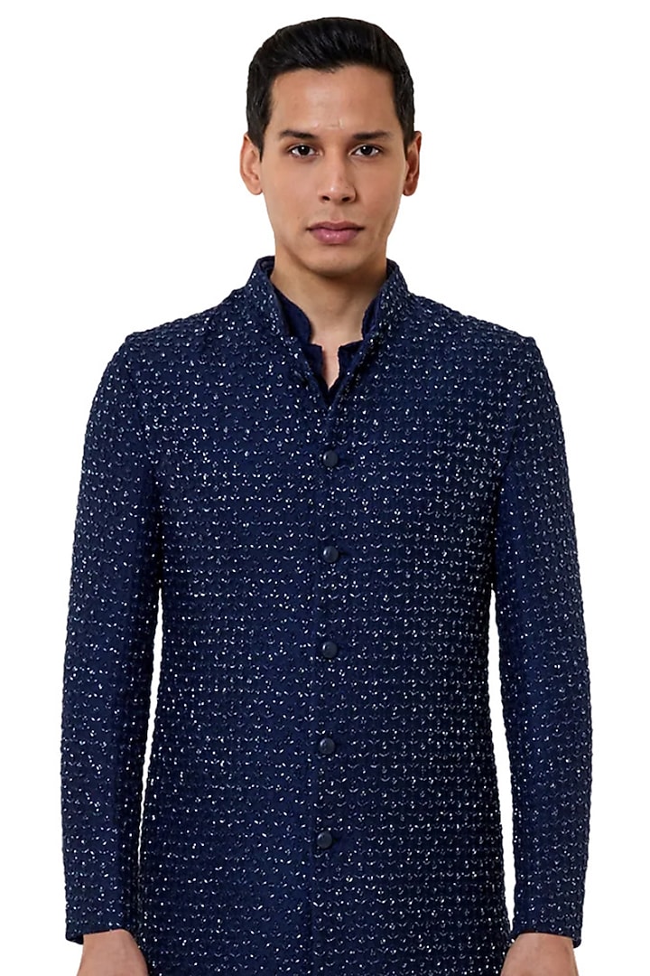 Navy Blue Suiting Cutdana Embroidered Groom Sherwani Set by Kunal Rawal at Pernia's Pop Up Shop