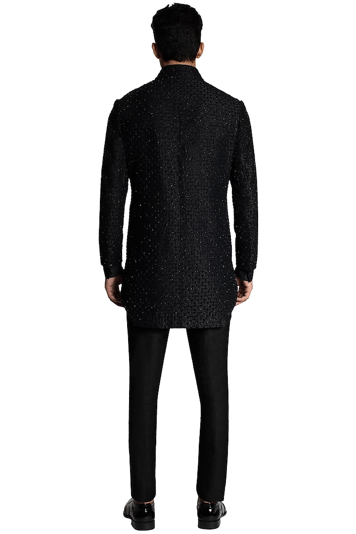 Black Suiting Cutdana Embroidered Groom Sherwani Set by Kunal Rawal at Pernia's Pop Up Shop