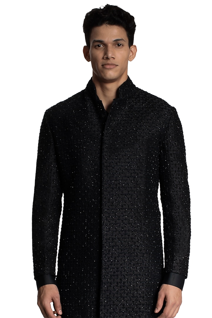 Black Suiting Cutdana Embroidered Groom Sherwani Set by Kunal Rawal at Pernia's Pop Up Shop