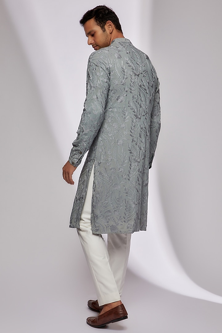 Ice Blue Viscose Thread Embroidered Kurta by Kunal Rawal at Pernia's Pop Up Shop