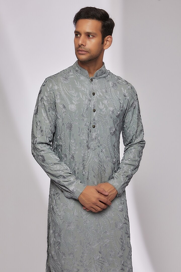 Ice Blue Viscose Thread Embroidered Kurta by Kunal Rawal at Pernia's Pop Up Shop