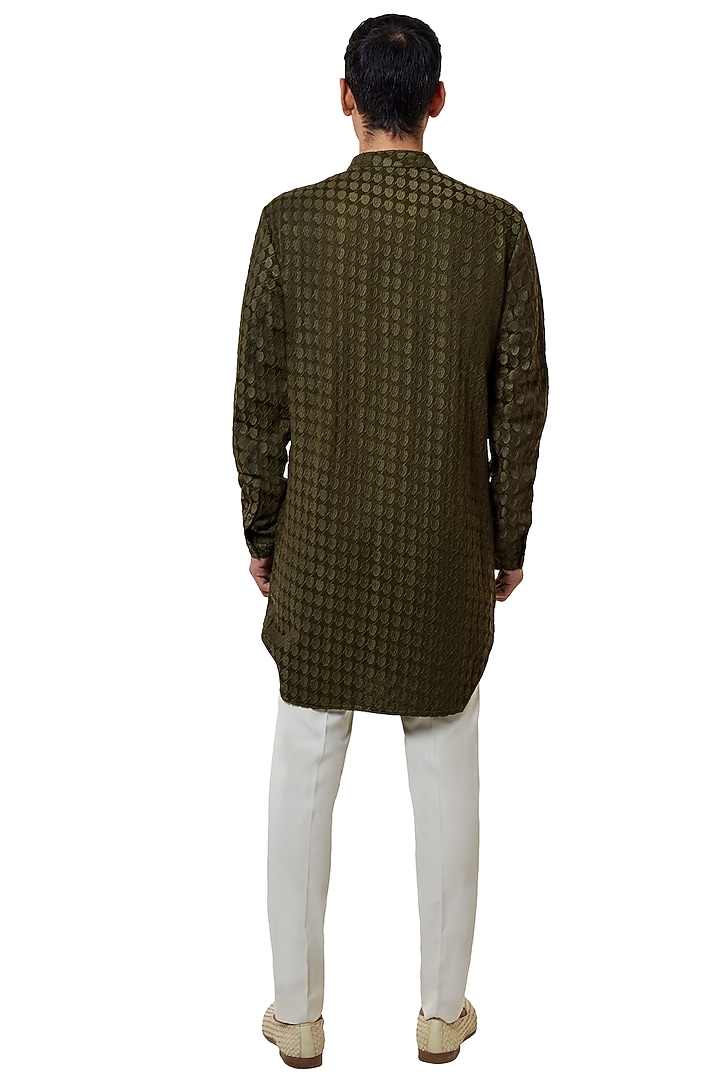 Olive Green Viscose Embroidered Kurta by Kunal Rawal at Pernia's Pop Up Shop