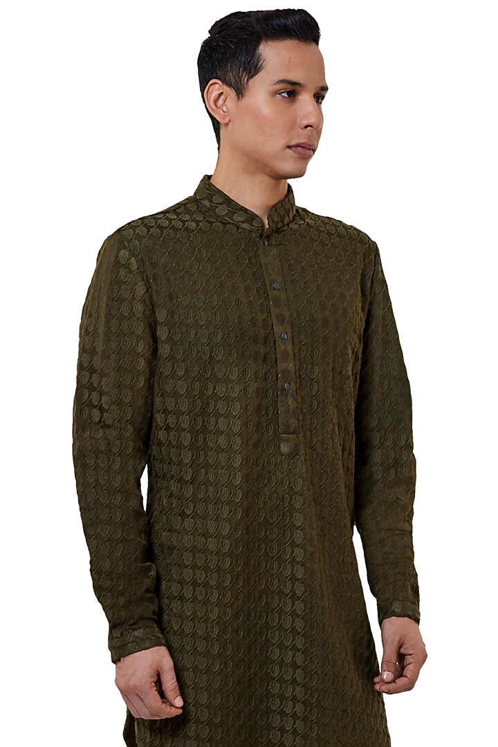 Olive Green Viscose Embroidered Kurta by Kunal Rawal at Pernia's Pop Up Shop