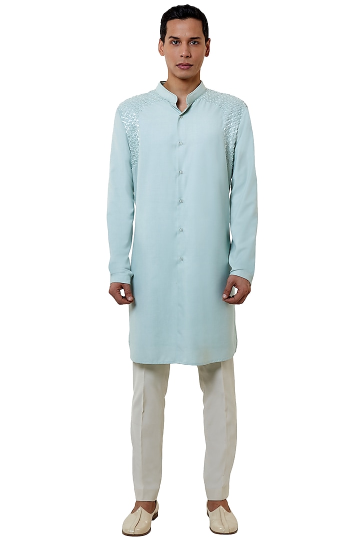 Ice Blue Suiting Hand Embroidered Kurta Set by Kunal Rawal