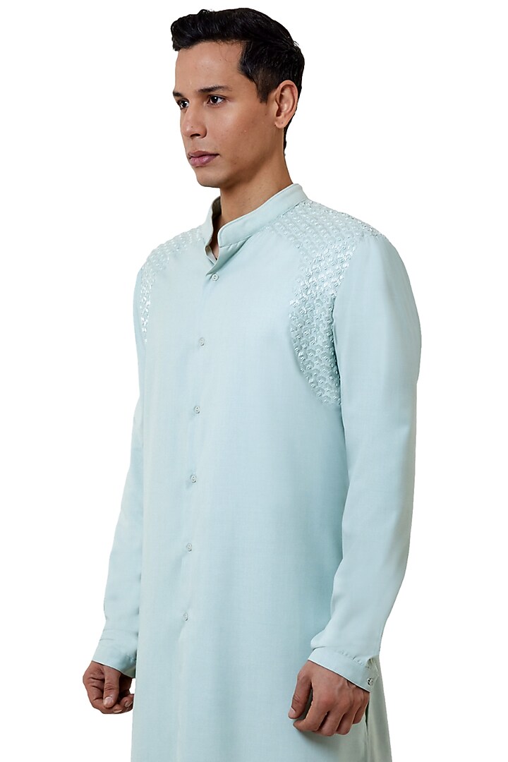 Ice Blue Suiting Hand Embroidered Kurta Set by Kunal Rawal at Pernia's Pop Up Shop