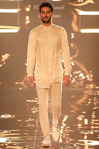 Light Beige Linen Satin Mirror Embroidered Kurta by Kunal Rawal