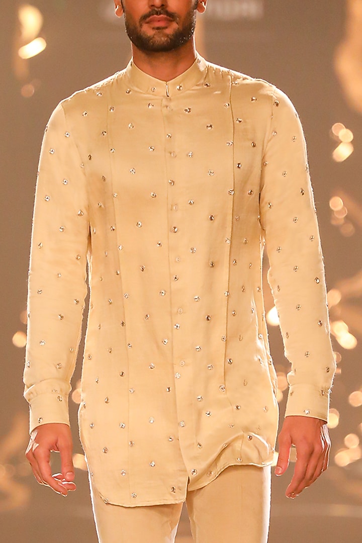 Light Beige Linen Satin Mirror Embroidered Kurta by Kunal Rawal at Pernia's Pop Up Shop