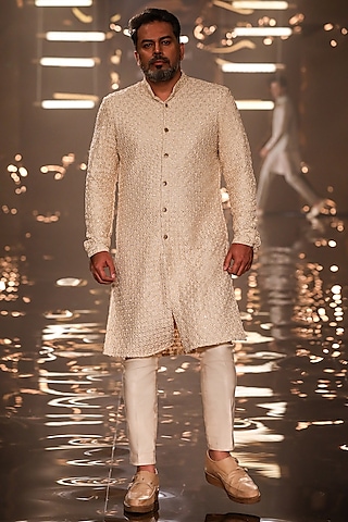 Light Beige Silk Mirror Work Kurta by Kunal Rawal