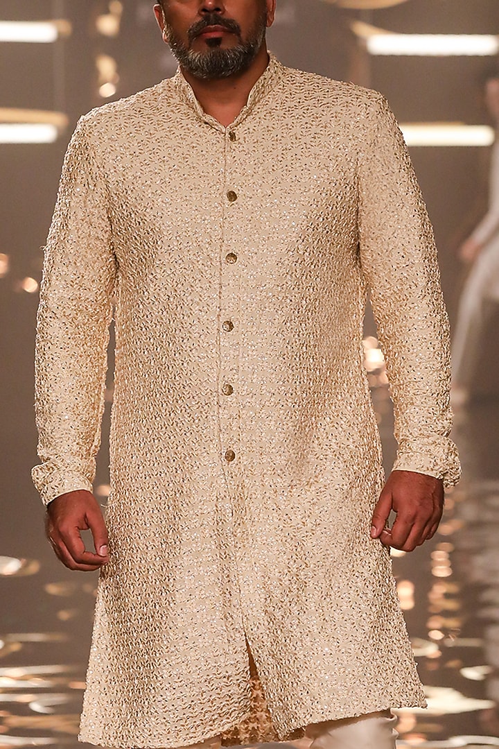 Light Beige Silk Mirror Work Kurta by Kunal Rawal at Pernia's Pop Up Shop