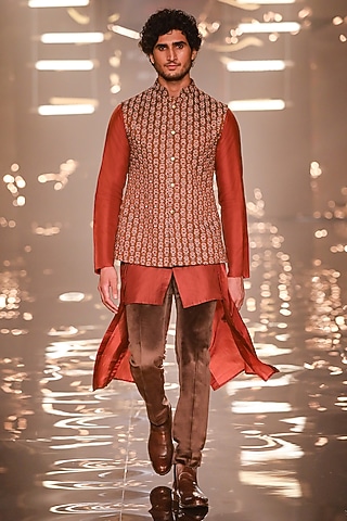 Rust Orange Linen Satin Thread Work&nbsp;Bundi Jacket by Kunal Rawal