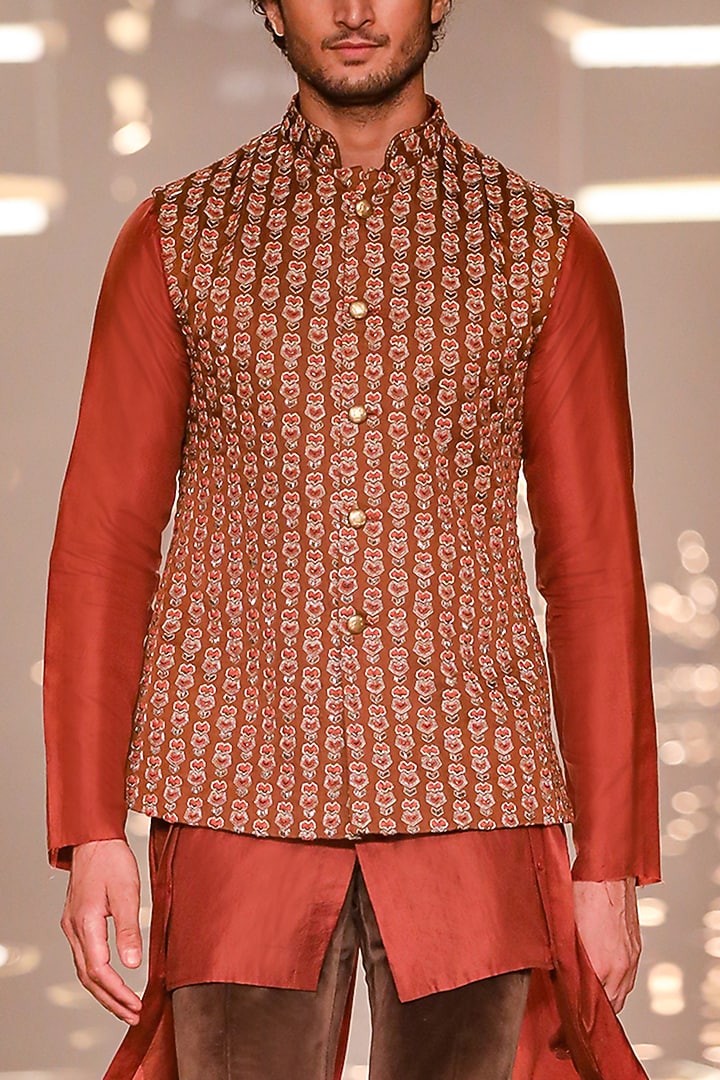 Rust Orange Linen Satin Thread Work Bundi Jacket by Kunal Rawal at Pernia's Pop Up Shop