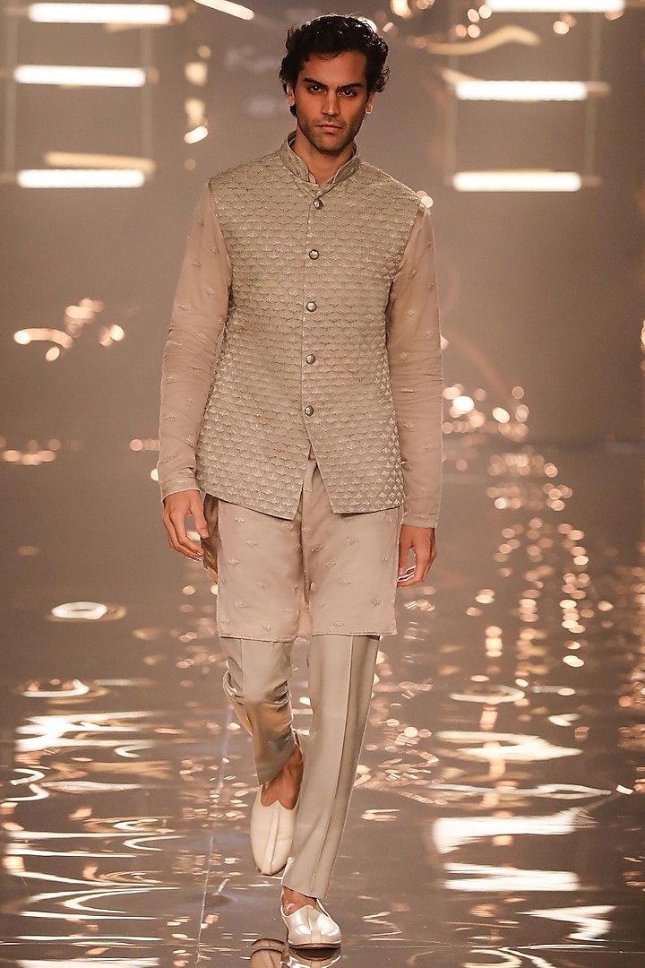Steel Grey Suiting Bundi Jacket by Kunal Rawal