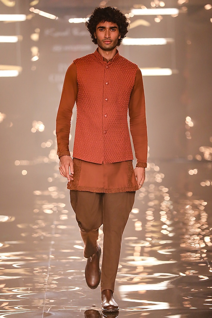 Rust Orange Linen Satin Thread Work Bundi Jacket by Kunal Rawal