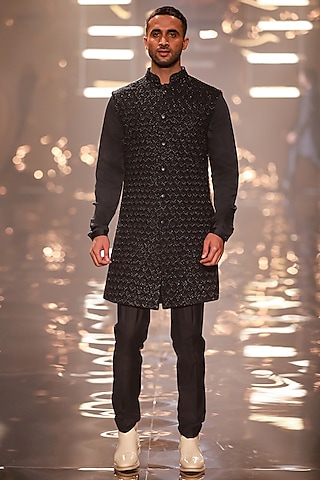 Navy Blue Suiting Thread Work Bundi Jacket by Kunal Rawal