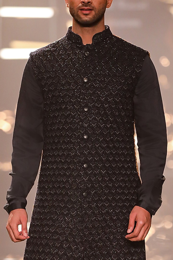 Navy Blue Suiting Thread Work Bundi Jacket by Kunal Rawal at Pernia's Pop Up Shop