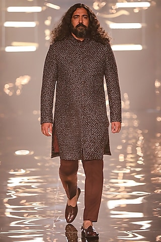 Wine Blended Silk Thread Work Sherwani by Kunal Rawal