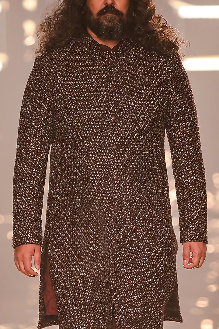 Wine Blended Silk Thread Work Groom Sherwani by Kunal Rawal at Pernia's Pop Up Shop