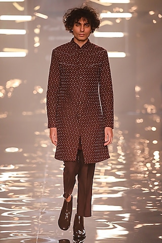 Wine Suiting Thread Work Sherwani by Kunal Rawal
