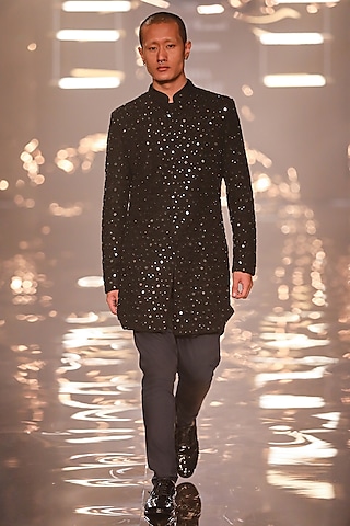 Black Raw Silk French Knot Embroidered Sherwani by Kunal Rawal