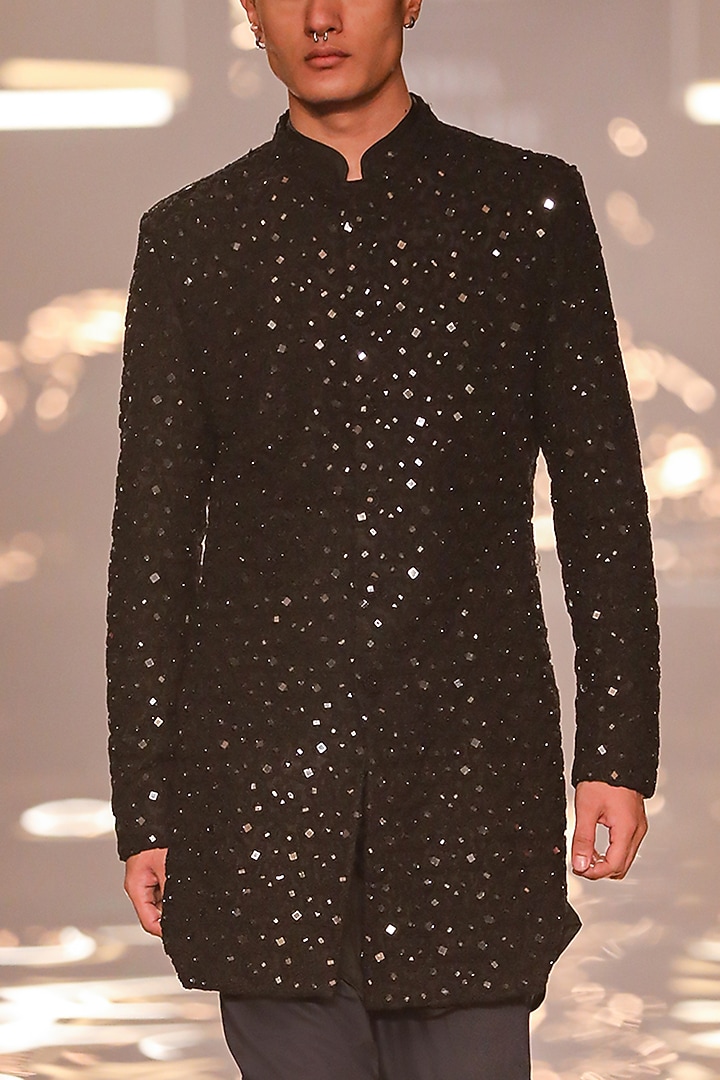 Black Raw Silk French Knot Embroidered Groom Sherwani by Kunal Rawal at Pernia's Pop Up Shop