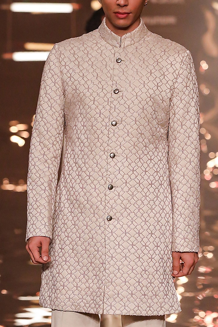 Vanilla Linen Satin Groom Sherwani by Kunal Rawal at Pernia's Pop Up Shop