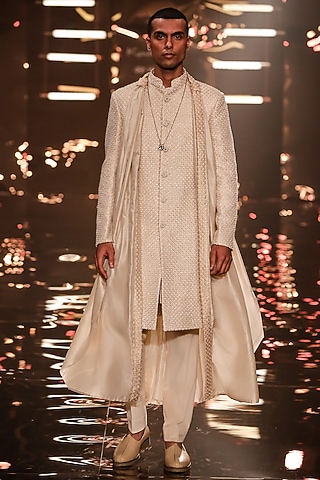 Vanilla Suiting Bead Embroidered Sherwani by Kunal Rawal