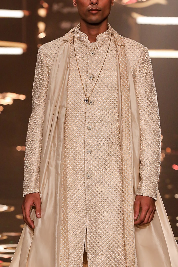 Vanilla Suiting Bead Embroidered Groom Sherwani by Kunal Rawal at Pernia's Pop Up Shop