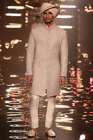 Beige Blended Silk Thread Work Sherwani by Kunal Rawal