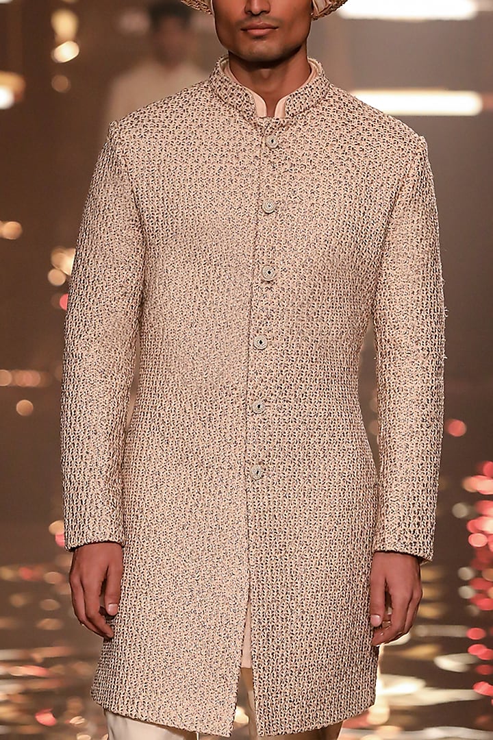 Beige Blended Silk Thread Work Groom Sherwani by Kunal Rawal at Pernia's Pop Up Shop