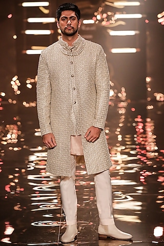 Gold Tissue Salli Embellished Layered Sherwani by Kunal Rawal